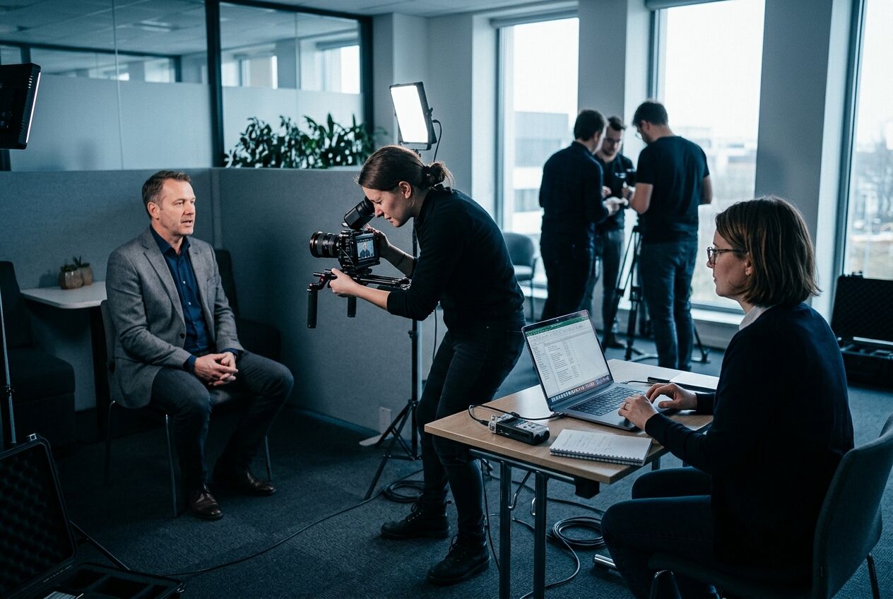 Een kleine filmcrew die in een modern kantoor meerdere zakelijke video-opstellingen filmt op één draaidag met minimale apparatuur.