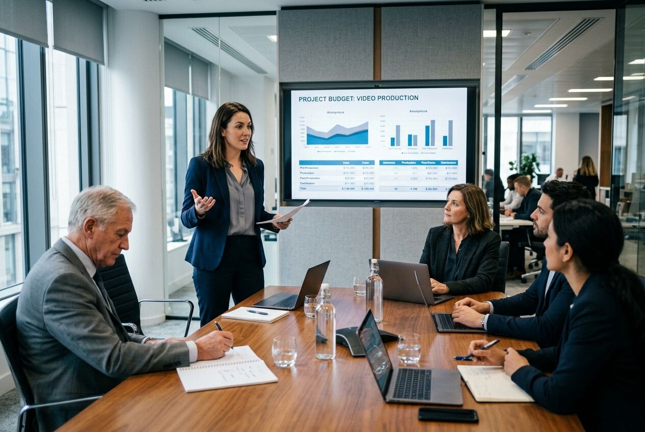 Marketingmanager presenteert een budgetvoorstel voor videoproductie aan een directieteam in een vergaderruimte met grafieken op een groot scherm.